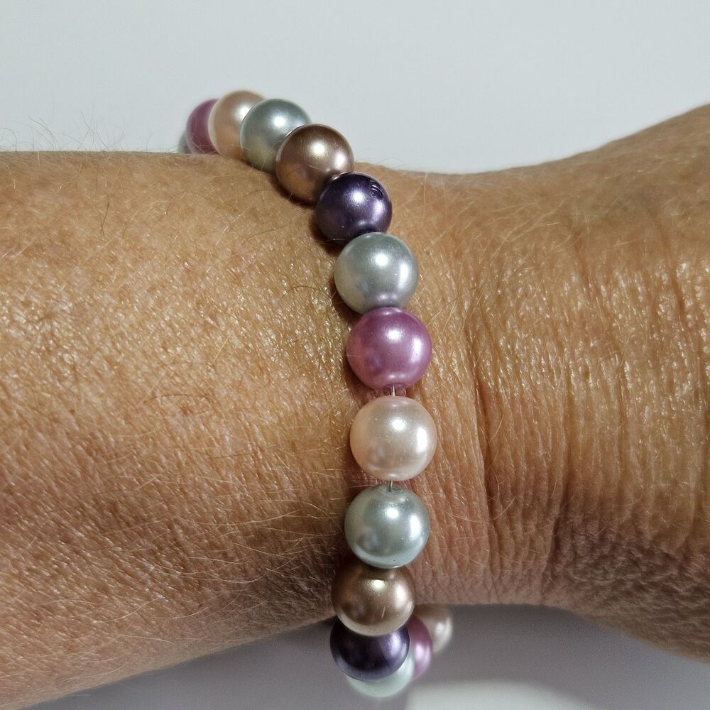 Pastel Green, Pink And Purple Faux Pearl Beaded Toggle Bracelet 7"